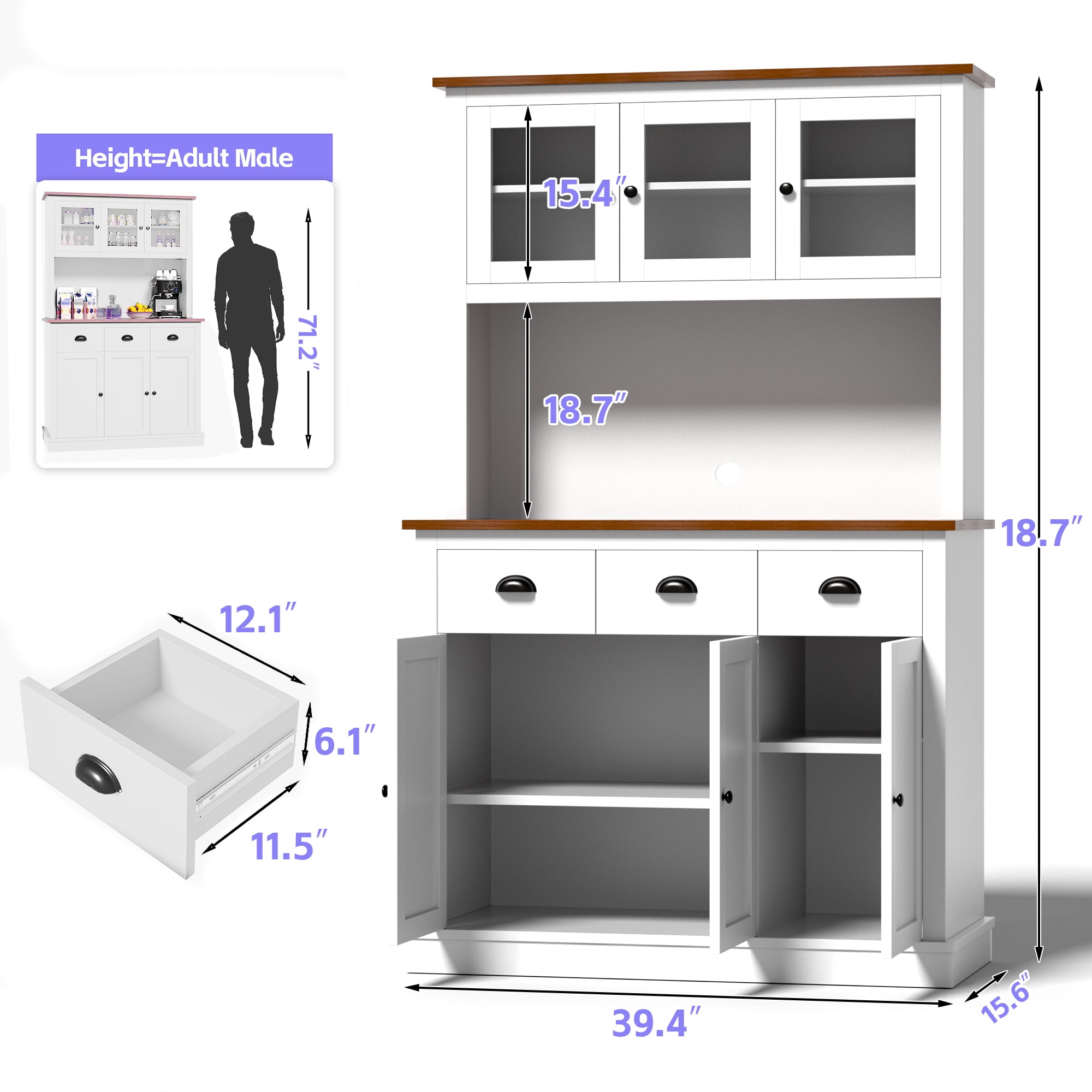 Joywind Freestanding Kitchen Hutch with Charging Station, Storage Drawers, and Adjustable Shelves - Perfect Pantry Cabinet, 71.2 in(White)