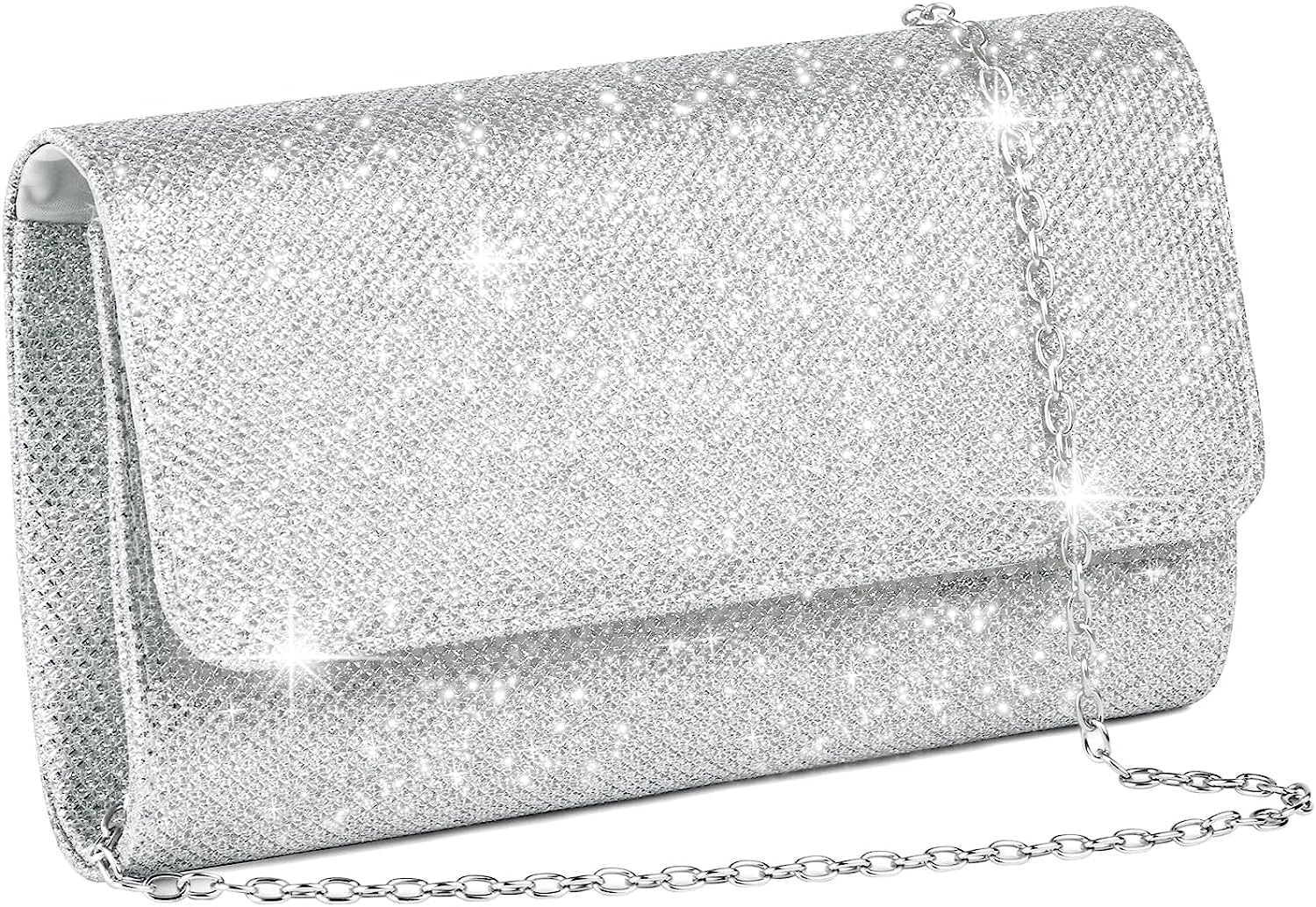 Evening Bag Clutch Purses for Women, Glitter Evening Bag, Sparkling Envelope Evening Bag with Detachable Chain, for Prom, Wedding, Party, Banquet, Date (Silver)