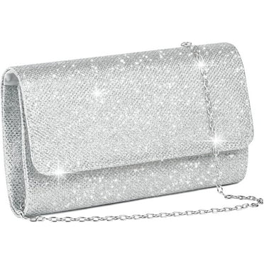 Evening Bag Clutch Purses for Women, Glitter Evening Bag, Sparkling Envelope Evening Bag with Detachable Chain, for Prom, Wedding, Party, Banquet, Date (Silver)