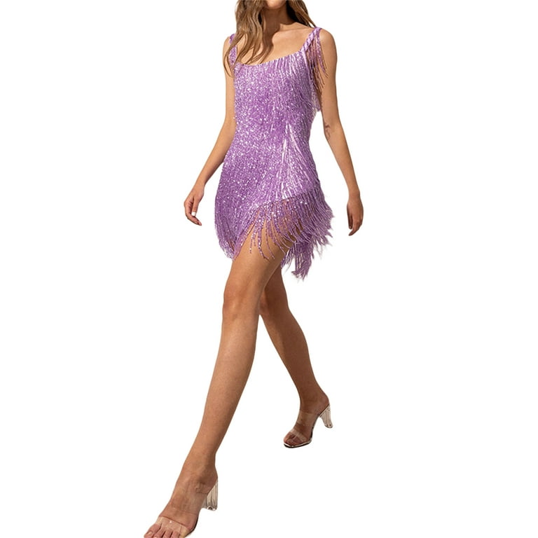 Women's Sequins Tassel Mini Club Dress Y2K Cami Low Cut Sleeveless Backless  Shiny Fringe Party Dance Dresses Disco - Walmart.com
