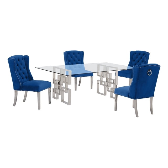 79"L x 40"W Glass Dinette Set with 4 Chairs and Silver Stainless Steel Base