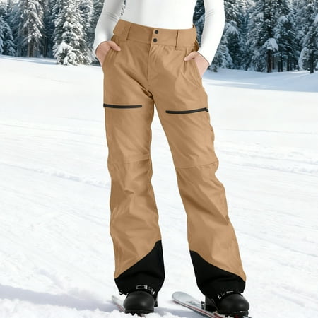Moxiu Colorblock Waterproof Ski Snow Pants Women Insulated Fleece Lined Softshell Snowboard Hiking Pants with Pockets Brown S