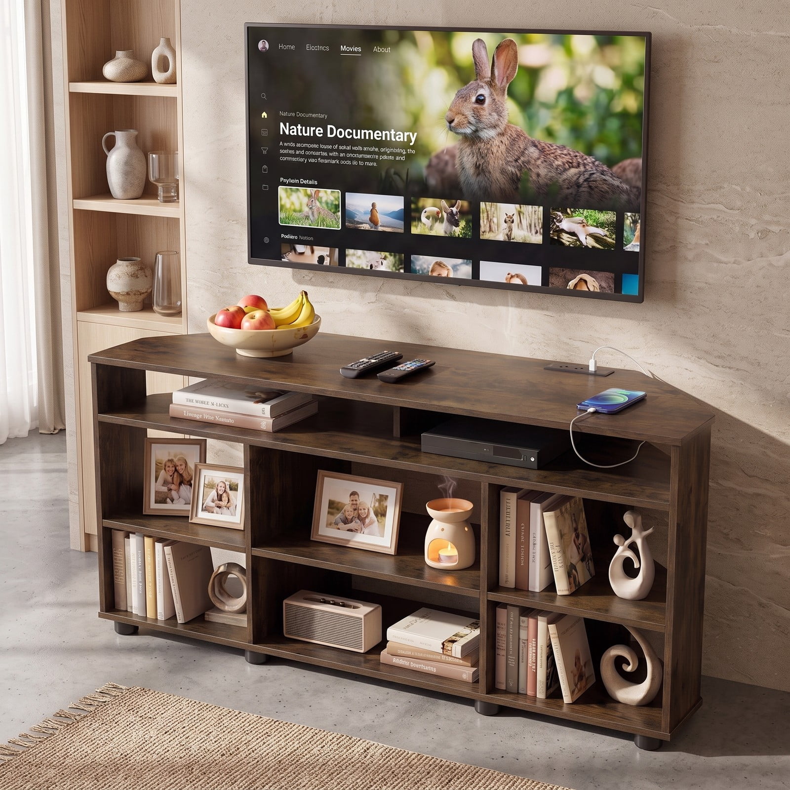 Furnibear Corner TV Stand for TVs up to 55 Inch, Entertainment Center with Charging Station, 3 Adjustable Shelves, Wood Media Console Side Cabinet for, Rustic Brown