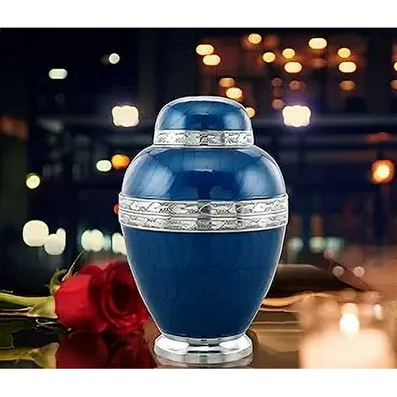 Beautifully Handcrafted Adult Urn with Silver Band for Ashes - Large Elegant Funeral and Memorial Cremation Urn for Human Ashes up to 200 lbs with Velvet Bag (Blue)