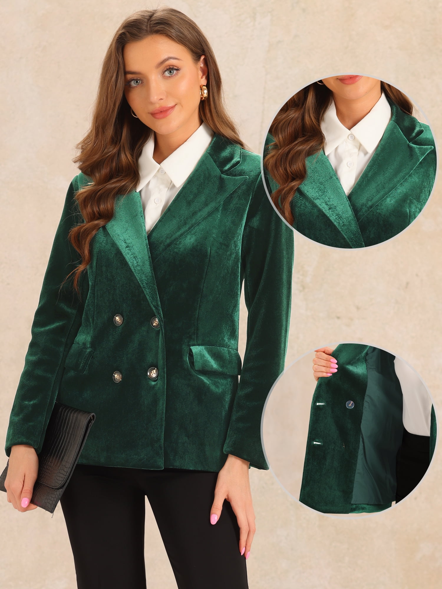 DARING DIVA Women's Velvet Notched Lapel Double Breasted Blazer Jacket XS Dark Green