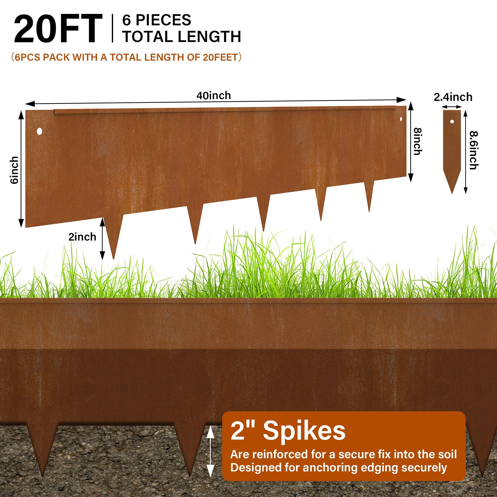 8" Rusty Garden Border Corten Steel Landscape Lawn Edging Stakes DIY Flower Bed Metal Landscaping Decorative Lawn Pathway Grass Plant Fence Divider Strips No Dig Hammer-in Outdoor Edge 6PCS