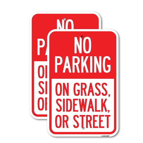 (2 Pack) No Parking on Grass Sidewalk or Street | 18" X 24" Heavy-Gauge Aluminum Sign | Rust Free Aluminum, Weather Resistant, Waterproof, Fade Resistant, 2 Pre-drilled Holes