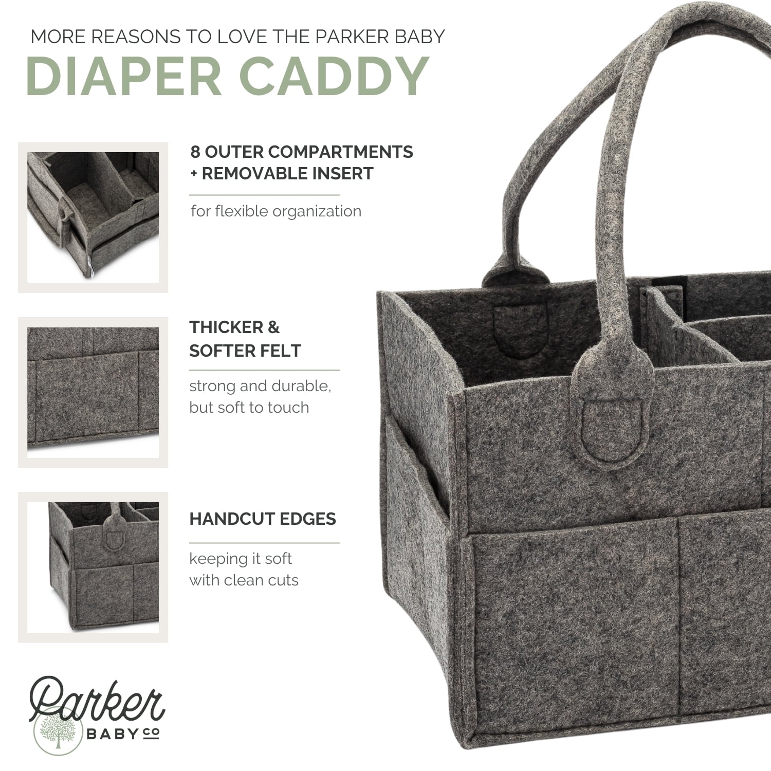 Parker Baby Co. Felt Diaper Caddy - Large Nursery Organizer with Removable Dividers - Dark Gray