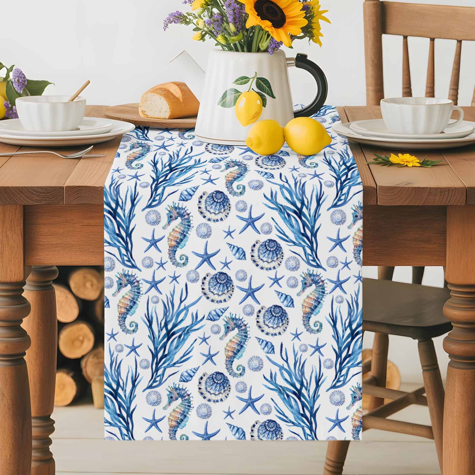 Summer Seahorse Coral Starfish Conch Table Runner 90 Inches Long, Seamless Blue Marine Life Table Runners Tabletop Scarf Kitchen Dining Tables Decoration for Home Party Indoor Outdoor