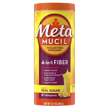 Metamucil, Daily Psyllium Husk Powder Supplement with Real Sugar, 4-in-1 Fiber for Digestive Health, Orange Smooth Flavored Drink, 30 Servings