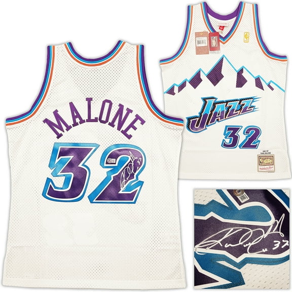Utah Jazz Karl Malone Autographed White Authentic Mitchell & Ness Jersey Size L Beckett BAS 211874
