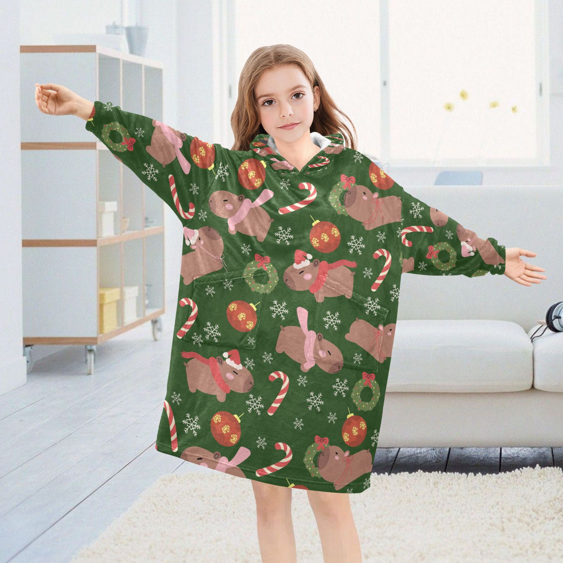 joogoo Blanket Hoodie Capybara Wreath Snowflake Pattern for Oversize Sweatshirt Boys Girls 3-14 YR L