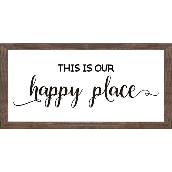 This Is Our Happy Place Art Sign Solid Wood Framed Block Sign Farmhouse Decor Sign with Arylic Layer 13x7 Inch Large Hangable Wooden Frame for Home Decor 1 Set