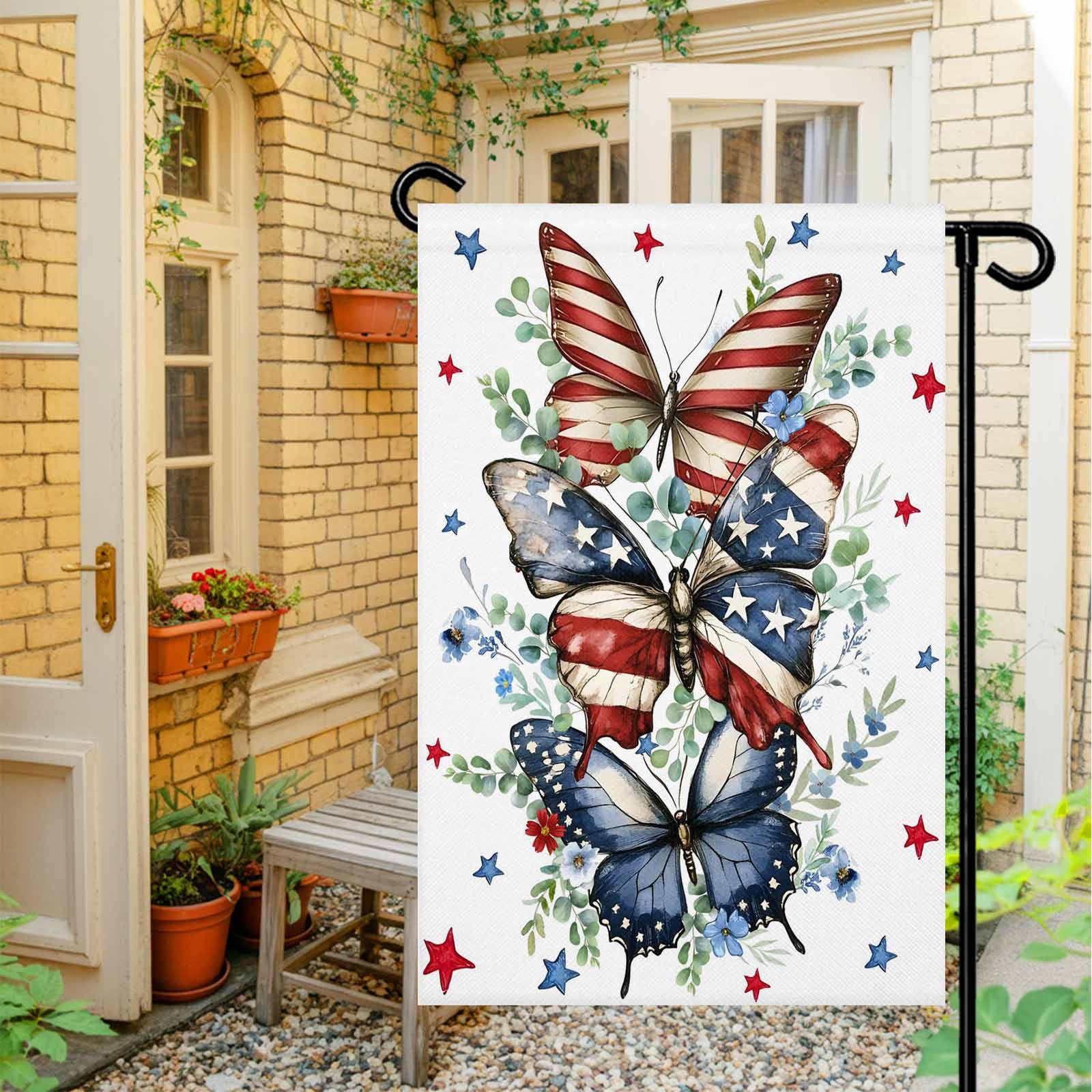 4th of July Garden Flags Red Blue Stars Butterfly Garden Flag Double Sided Welcome Flag Eucalyptus Leaves Independence Day Yard Flags for Outdoor Lawn Porch Memorial Day Holiday Decor 28x40 Inch