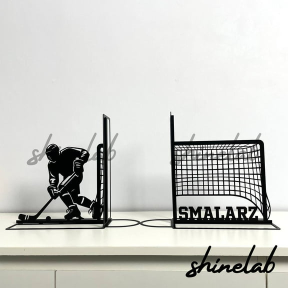 Shinelab Ice Hockey Metal Bookends Custom Player Name Bookend Gift, Hockeying Desk Bookshelf Decor 6917