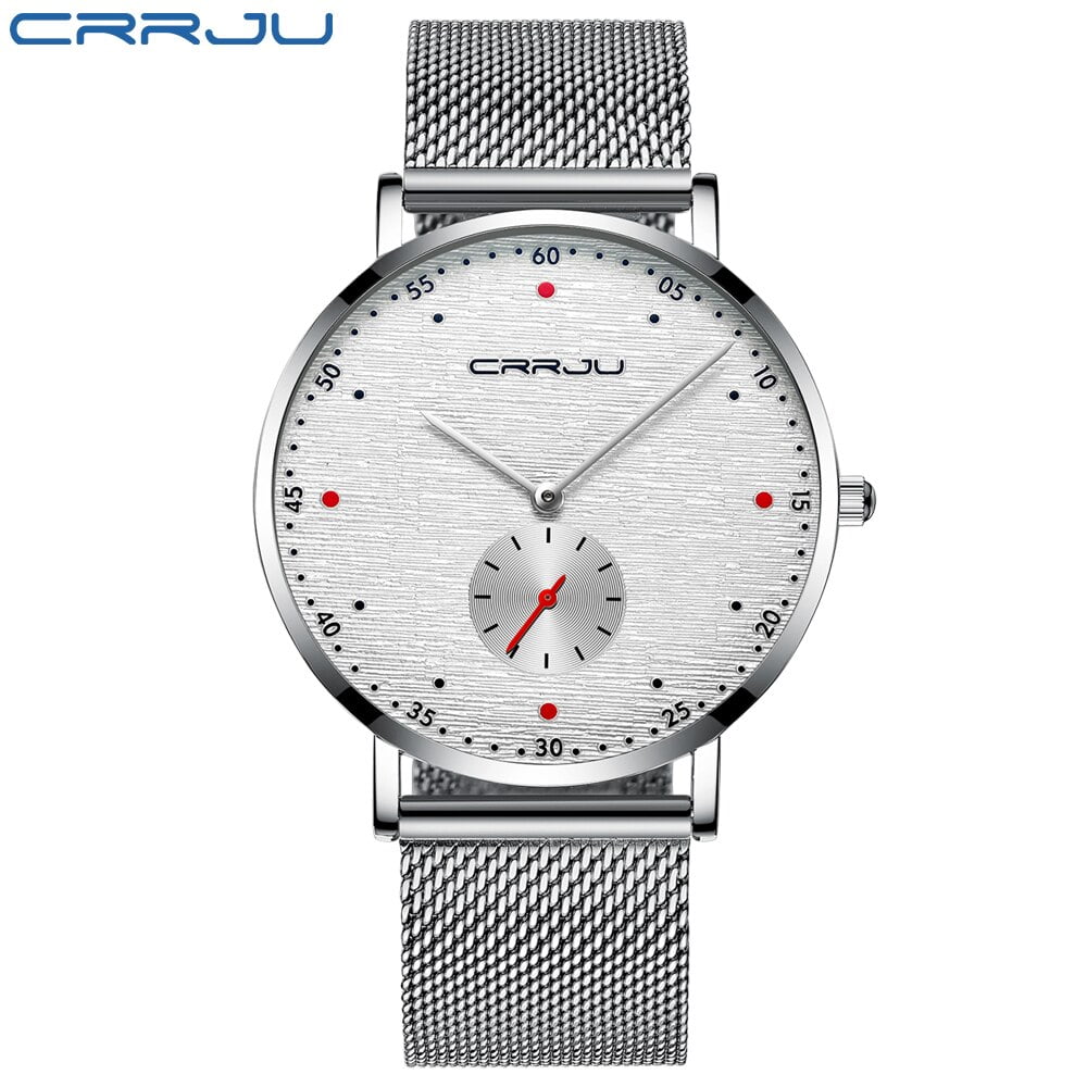 CRRJU Mens Simple Slim Quartz Watch Black Steel Mesh Ultra Thin Men ...