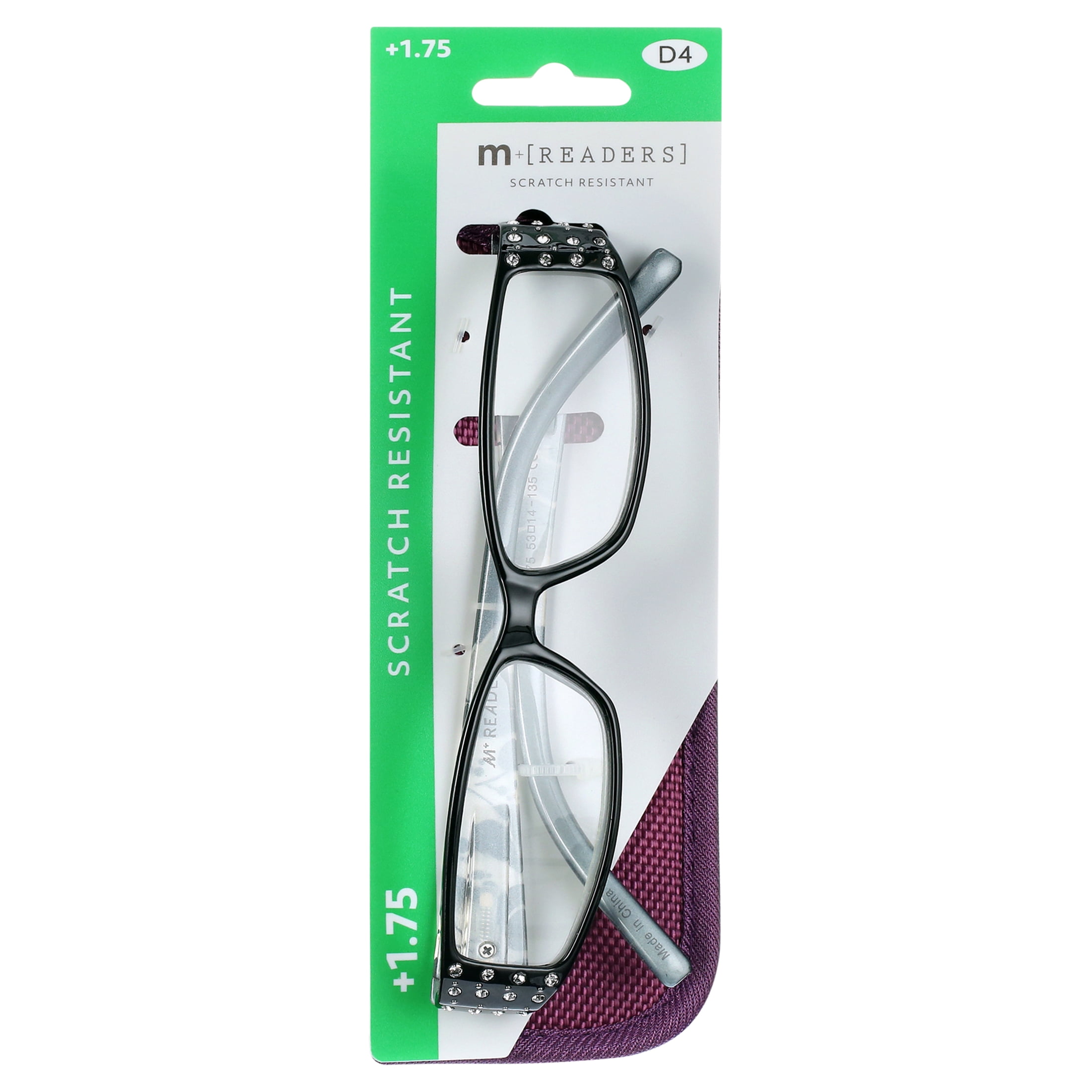 M Readers Women's Erin +1.75 Rectangle Reading Glasses with Case, Black