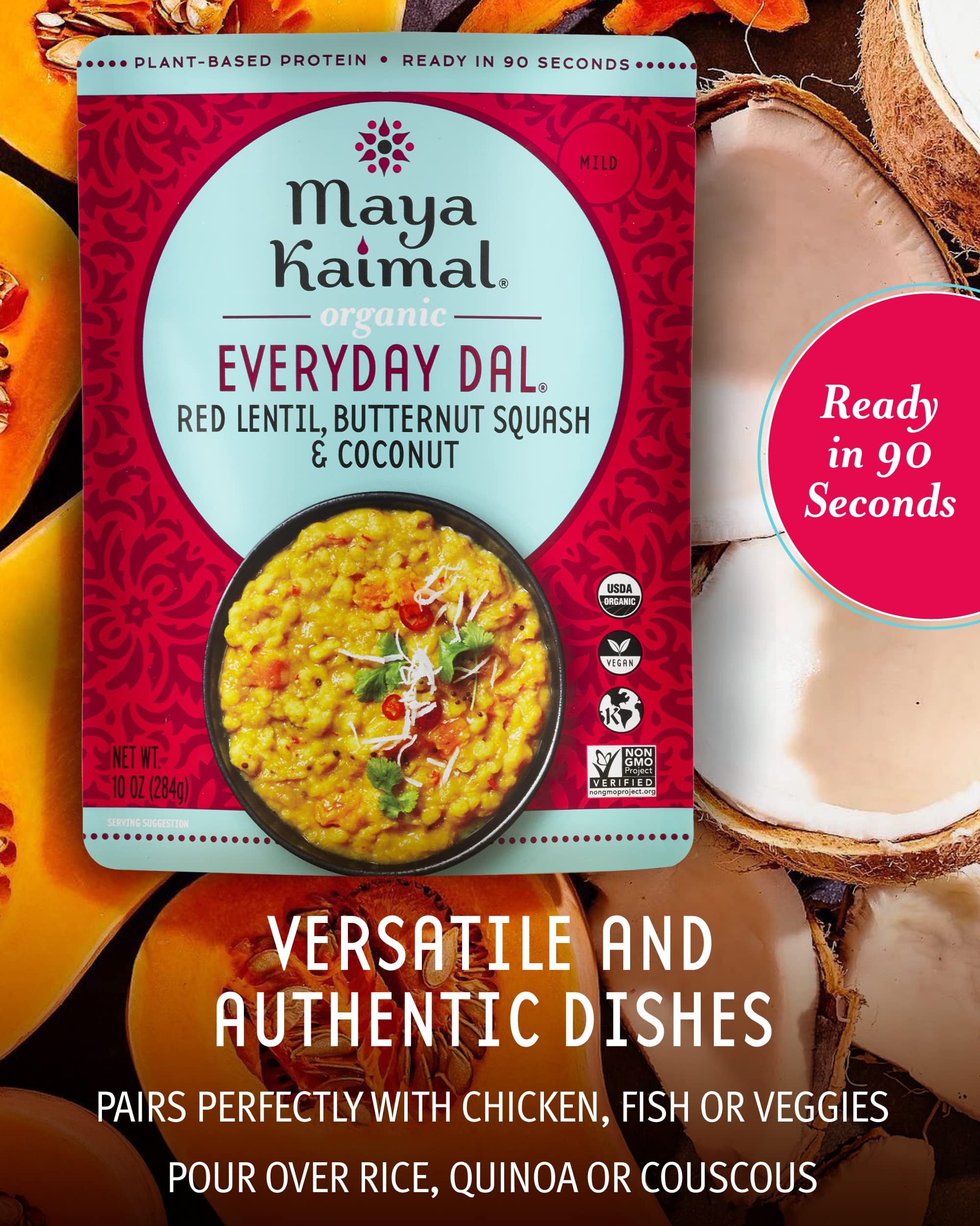 Maya Kaimal - Organic Indian Everyday Dal - Red Lentil 10oz - Fully Cooked with Butternut Squash and Coconut - Vegan - Microwavable - Ready to Eat Meals- Pack of 6