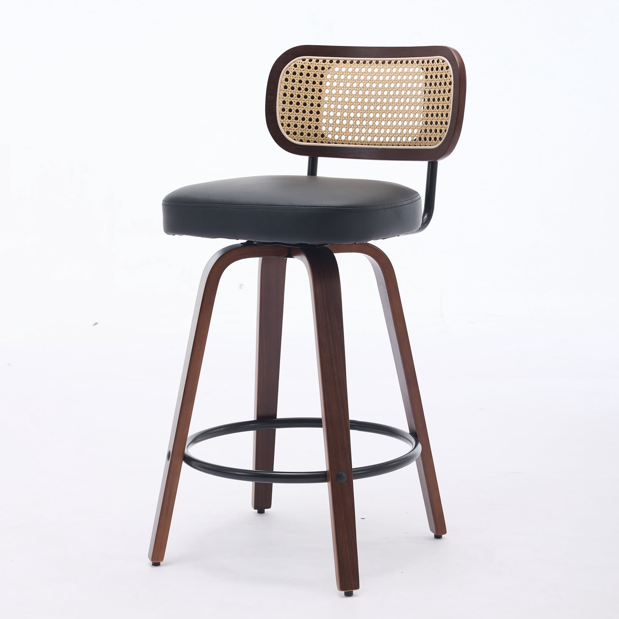 Oufan Swivel Bar Stools Set of 3, Wooden Counter Height Bar Chairs w/ Upholstered Seat & Rattan Backrest, Farmhouse Barstool for Kitchen Island,Cafe