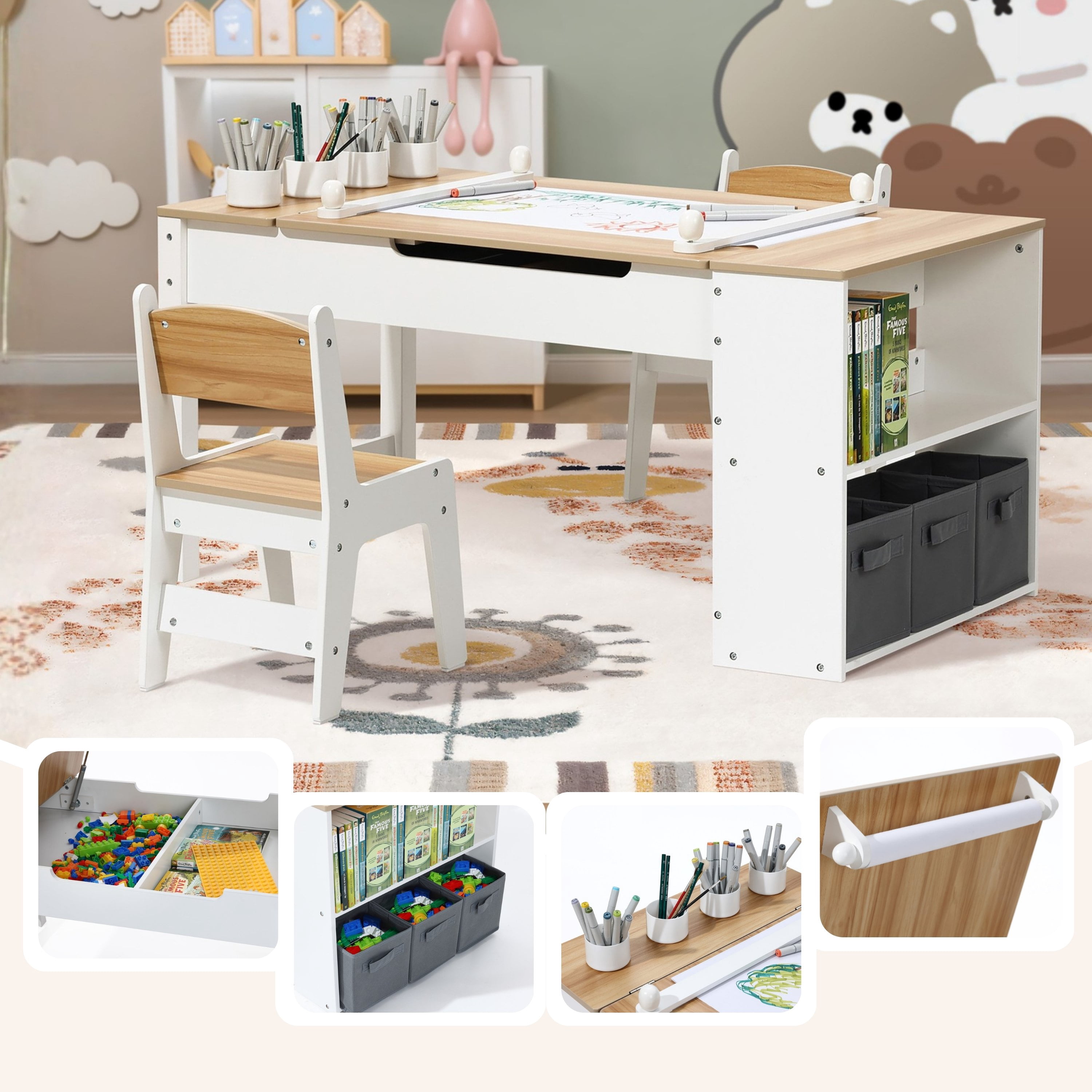 LuxenHome Activity Children Table with Storage Bookcase and 2 Chairs Set