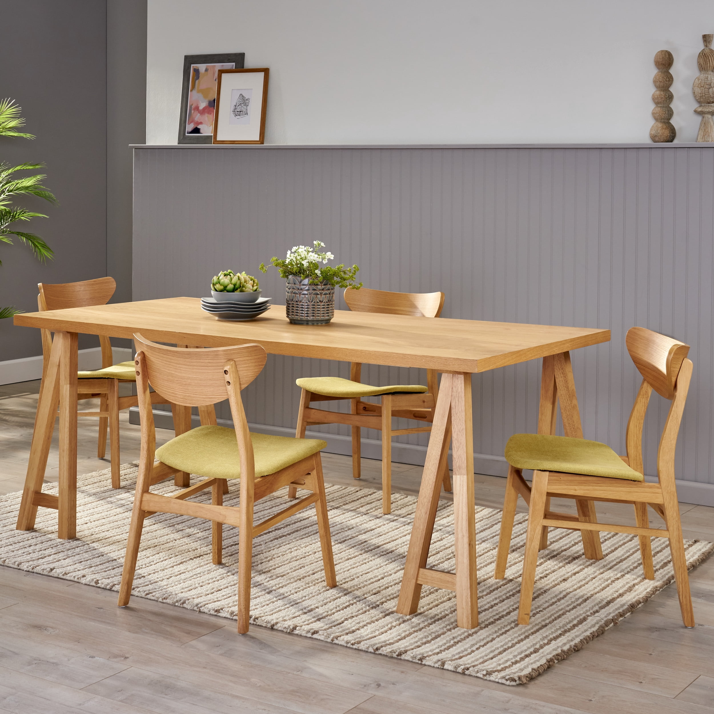 Noble House Ava Wood Dining Set, Green Tea, Natural Oak