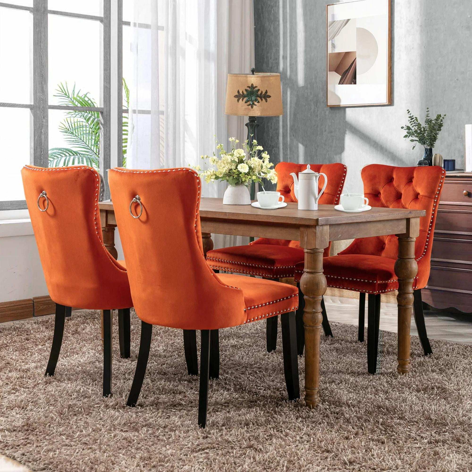 Dining Chairs Set of 2, Upholstered High-End Tufted Dining Room Chair with Back Ring and Nailhead Trim, Modern Velvet Kitchen Chairs with Solid Wood Legs for Kitchen, Home,Orange