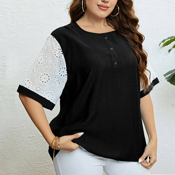 Tbopshirt Womens Tops,Women Casual T-shirt Plus Size Buttons Round Neck Short Sleeve Pullover Blouse Tops
