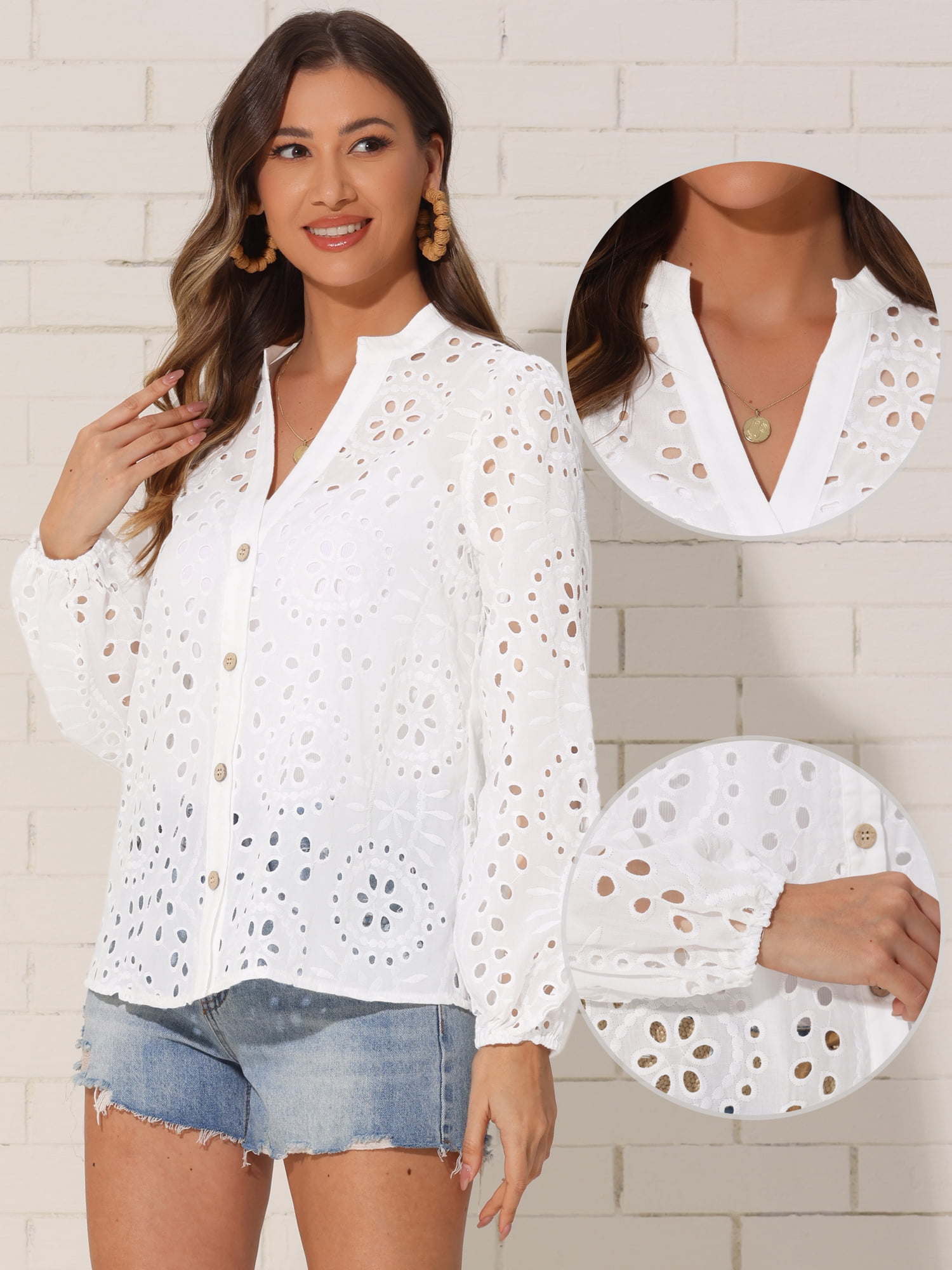 DARING DIVA Women's Puff Sleeve V Neck Hollow Out Blouse XS White
