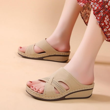 

VKEKIEO Open Toe Slippers For Women Flat Heel Wedge Beige