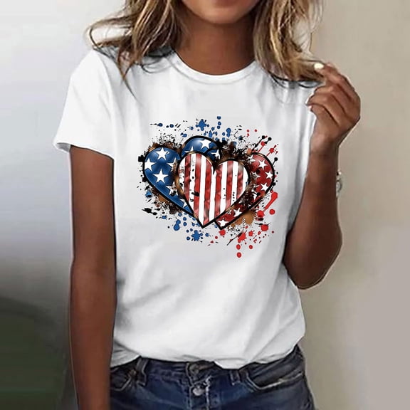 Womens T-shirts Short Sleeve Round Neck Independence Day Printed T-shirt Multicolor XXXL