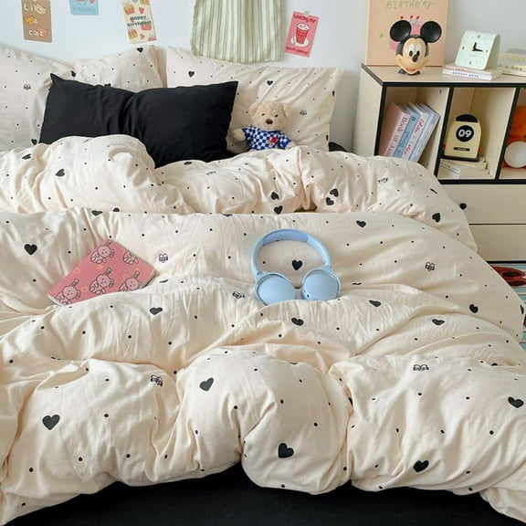 Duvet Cover Double Beige Black Heart Polka Dot Bedding Set 3pcs for Women Girls Cute Aesthetic Hearts Quilt Cover King Size