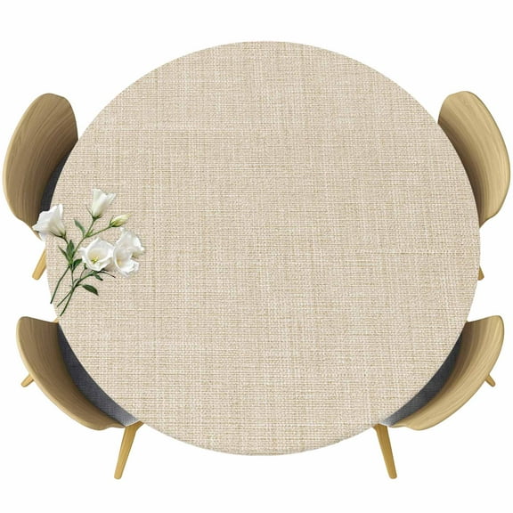 Cream Farmhouse Round Tablecloth 55-60 Inch Round Fitted Table Cloth with Elastic Edge, Vintage Country Monochrome Textured Waterproof Table Cover Protector for Outdoor Picnic Party Dining