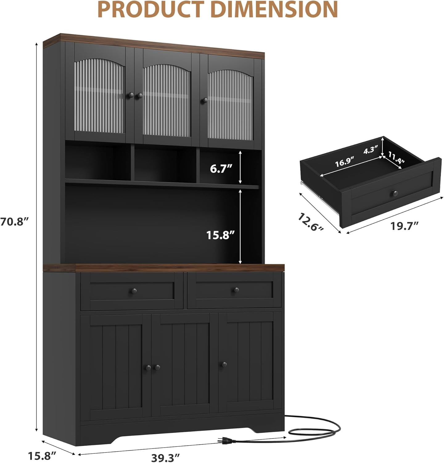 70.8" Tall Kitchen Pantry Cabinet with Charging Station, Storage Cabinet with Hutch, Fluted Glass Doors for Dining Room, Black