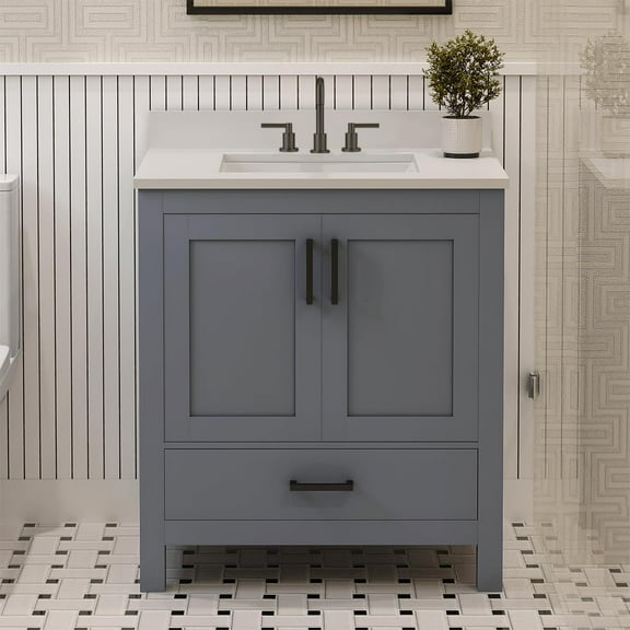 Ayna Decors Rooh 30" Solid Wood Bathroom Vanity with Sink – Charcoal Grey, 3 Pre-Drilled Faucet Holes, 2 Soft-Close Doors, 1 Full-Extension Drawer, Matte Black Handles