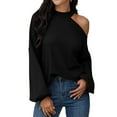 thumbnail image 1 of Jersey de punto con hombros descubiertos y hombros caídos, manga larga, cuello redondo, tejido tipo gofre, suave y suelto, para mujer, negro, L, 1 of 5