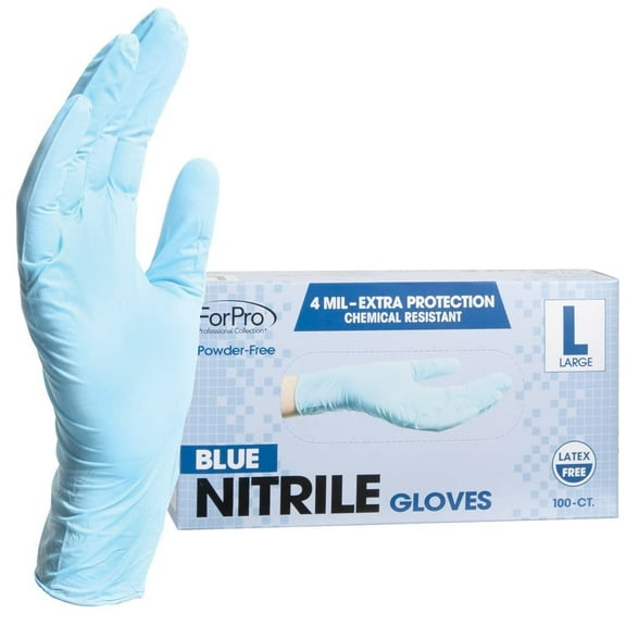 ForPro Professional Collection Disposable Nitrile Gloves, Chemical Resistant, Powder-Free, Latex-Free, Non-Sterile, Food Safe, 4 Mil, Blue, Large, 100-Count, (140666)