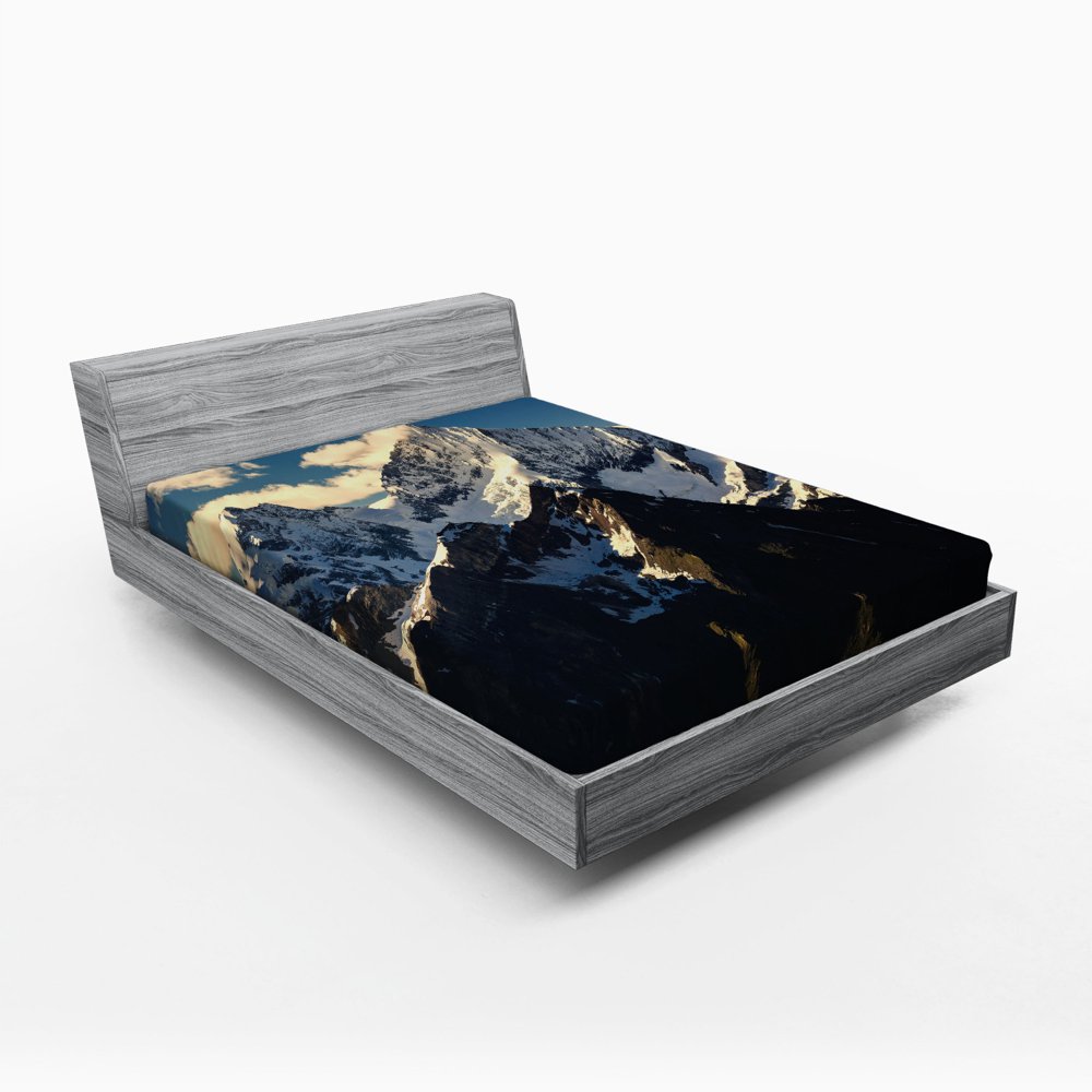 Mountain Fitted Sheet Snowy Mountain Summit Clouds in the Sky Tranquility in Wild Nature Theme
