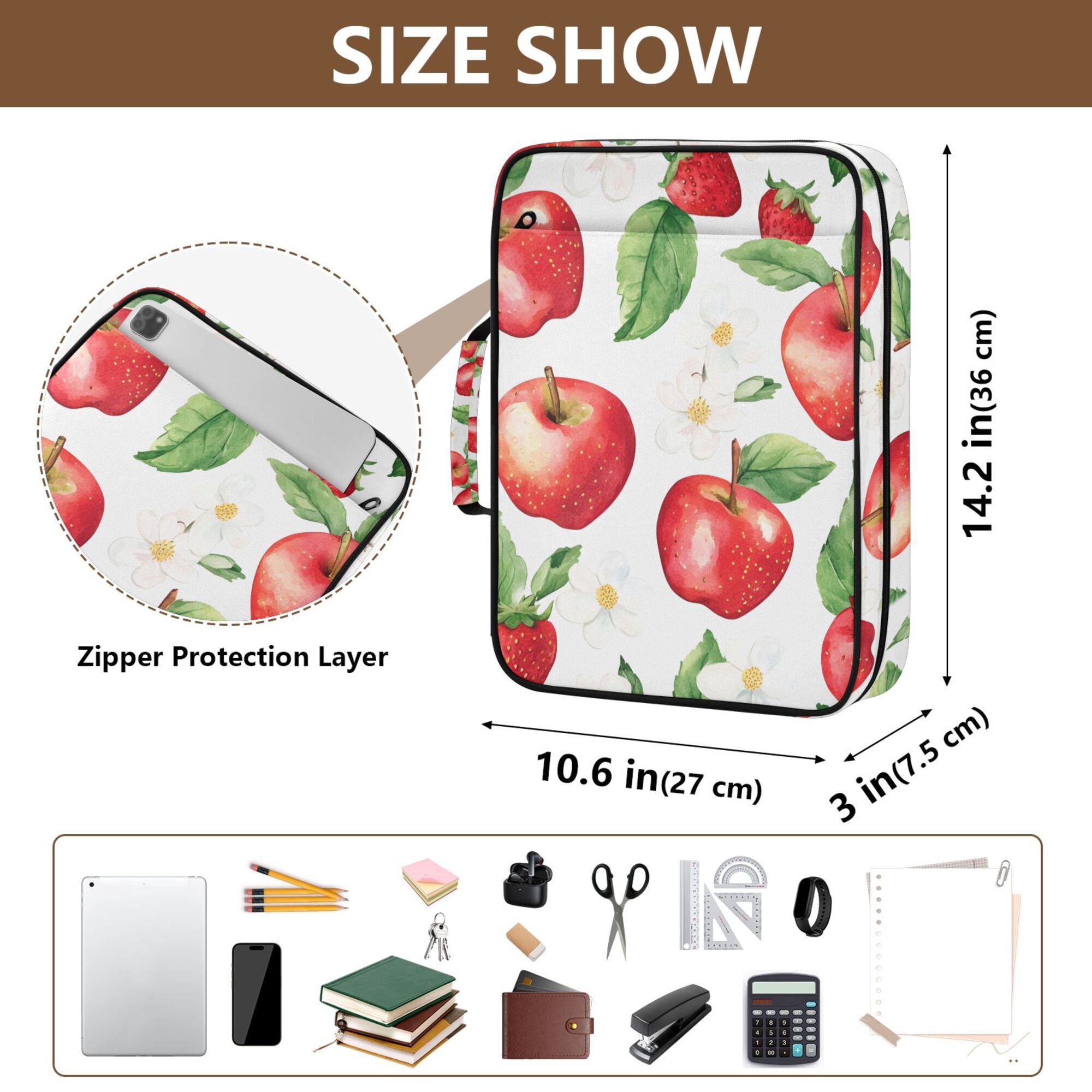 FORMRS Accordion File Folder A4 Size 7-Pocket Expanding Document Organizer Bag with 3 Ring Binder, White Apple Pattern