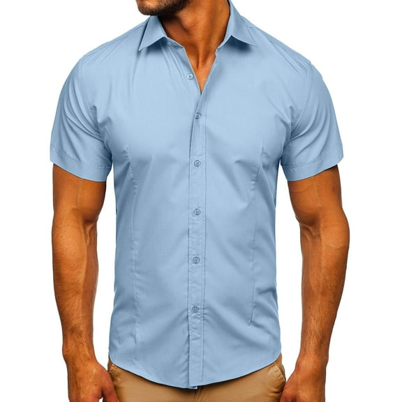 Guzom Men's Short Sleeve Button Down Shirt- Turndown Collar Casual Polyester Casual Mens Outside Dress Shirts Light Blue Size XL