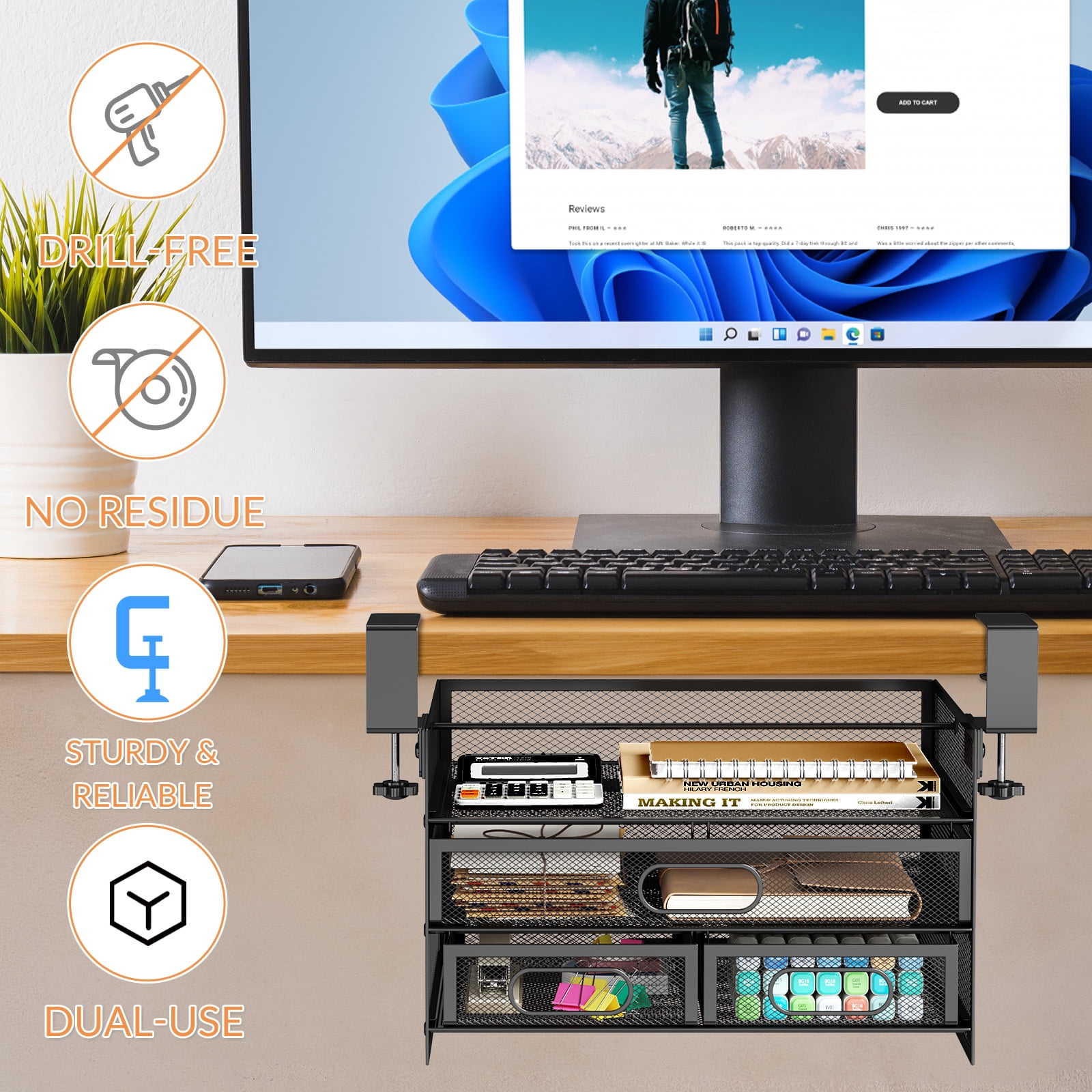 Under Desk Drawer Organizer, Large Under Desk Storage Side Drawers for Home & Office, L12.9xW9.6xH8.1 Drill-Free Clamp-on Installation for Small Space, Spacious Storage for Office Supplies, Papers