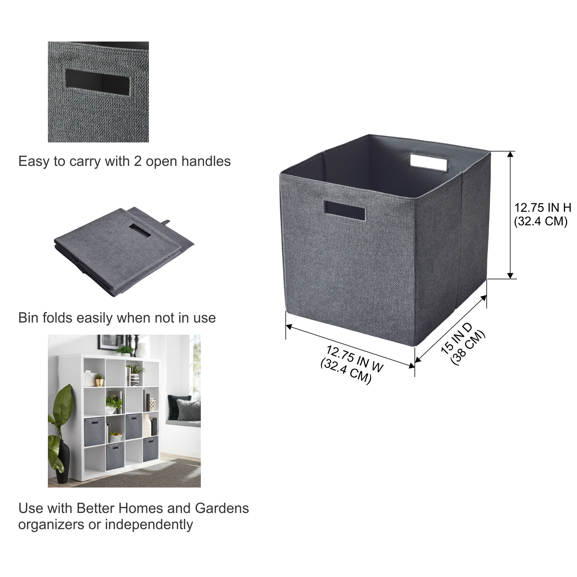 Better Homes & Gardens Fabric Cube Storage Bins (12.75" x 12.75"), Gray Textured, 2 Pack