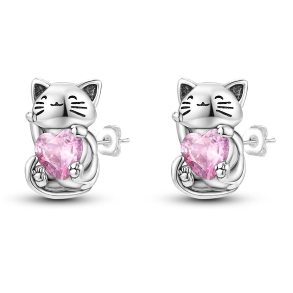 MULA Original 925 Sterling Silver Stud Earrings AAA CZ Pink Cute Cat for Women Jewelry Gift