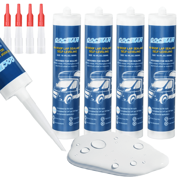 2026 Version RV Roof Sealant 4 Pack, Self-Leveling Lap Sealant White, Camper Caulk for RV Roofing, Maintenance, Repair