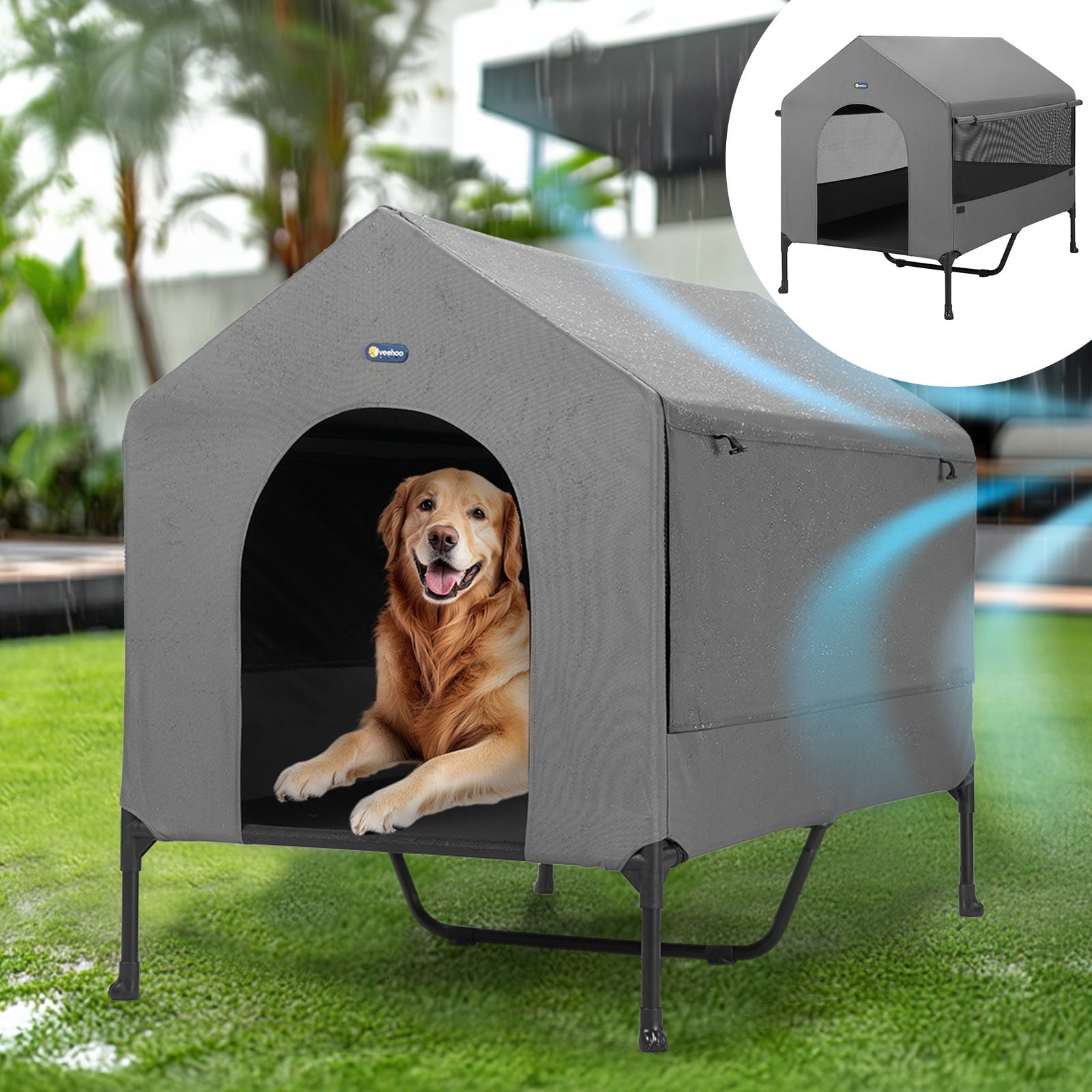 Veehoo 47" Dog House, Elevated Dog Bed with Three-Sided Breathable Mesh Windows and Sunshades