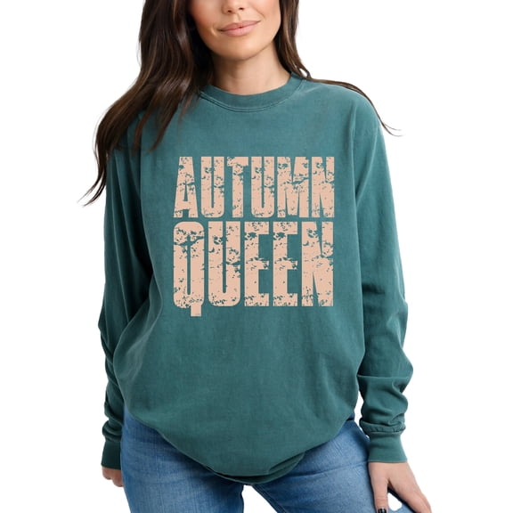 Autumn Queen Block Distressed - Women's Garment Dyed Long Sleeve Graphic T-Shirt