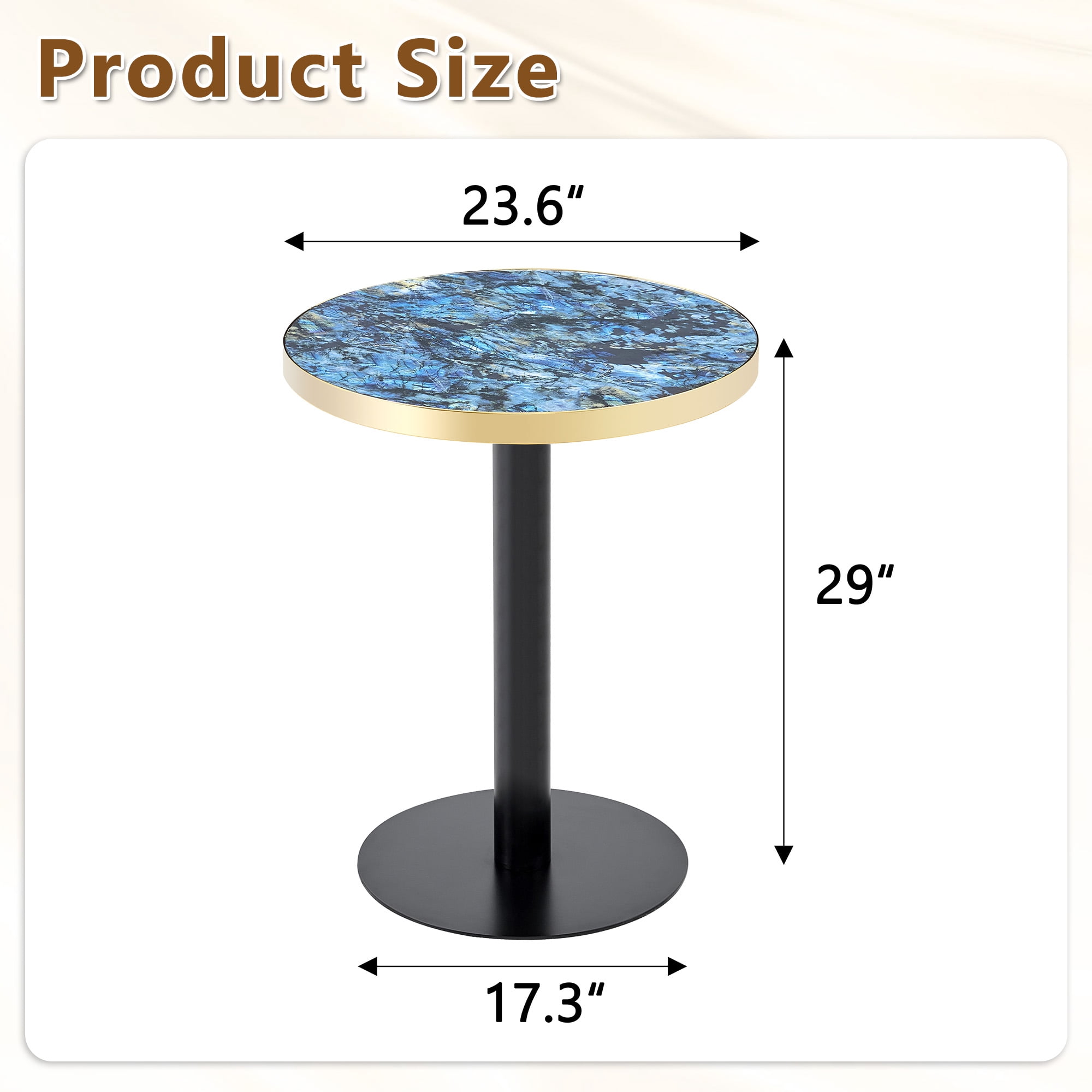 23.6" Round MDF sprayed with UV paint countertop, marble texture, stainless steel edging, metal table legs, modern light luxury edge/coffee table.