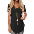 thumbnail image 3 of Women V Neck T Shirt Short Sleeve Tunic Blouse Tops Summer Beach Casual Loose Swallowtail Hem T-Shirt Ladies Plain Pullover Tee, 3 of 3