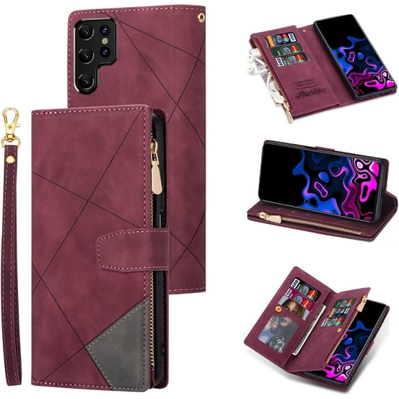 Wallet Case for Samsung Galaxy S22 Ultra 5G, Vintage Premium PU Leather Cover Flip Case with Card Slots Magnetic Closure Zipper Pocket Kickstand Handbag with Hand Strap - Red Wine