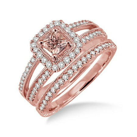 1.50 Carat Morganite & Diamond Antique Bridal set Halo Ring in 10k Rose Gold affordable wedding bridal ring (Best Affordable Wedding Rings)