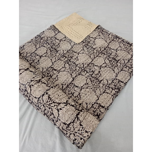 Black Floral Kantha Quilt, Vintage Handmade Bedspread, Twin Size